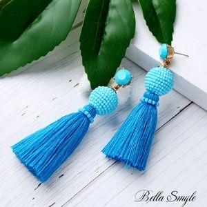BE15 | Boho Long Blue Beads Ball Tassel Earrings